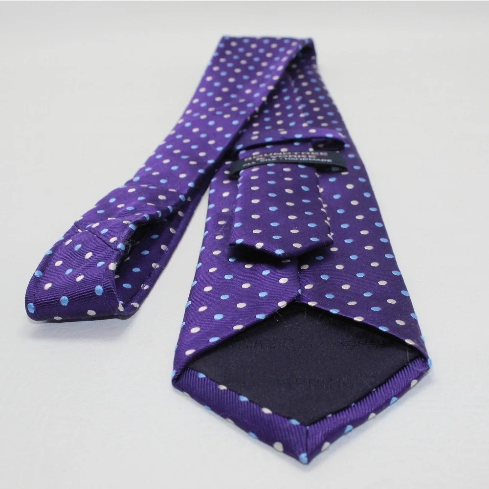 Roundtree & Yorke Purple Polka Dot Silk Tie Handmade Blue White Dots Mens